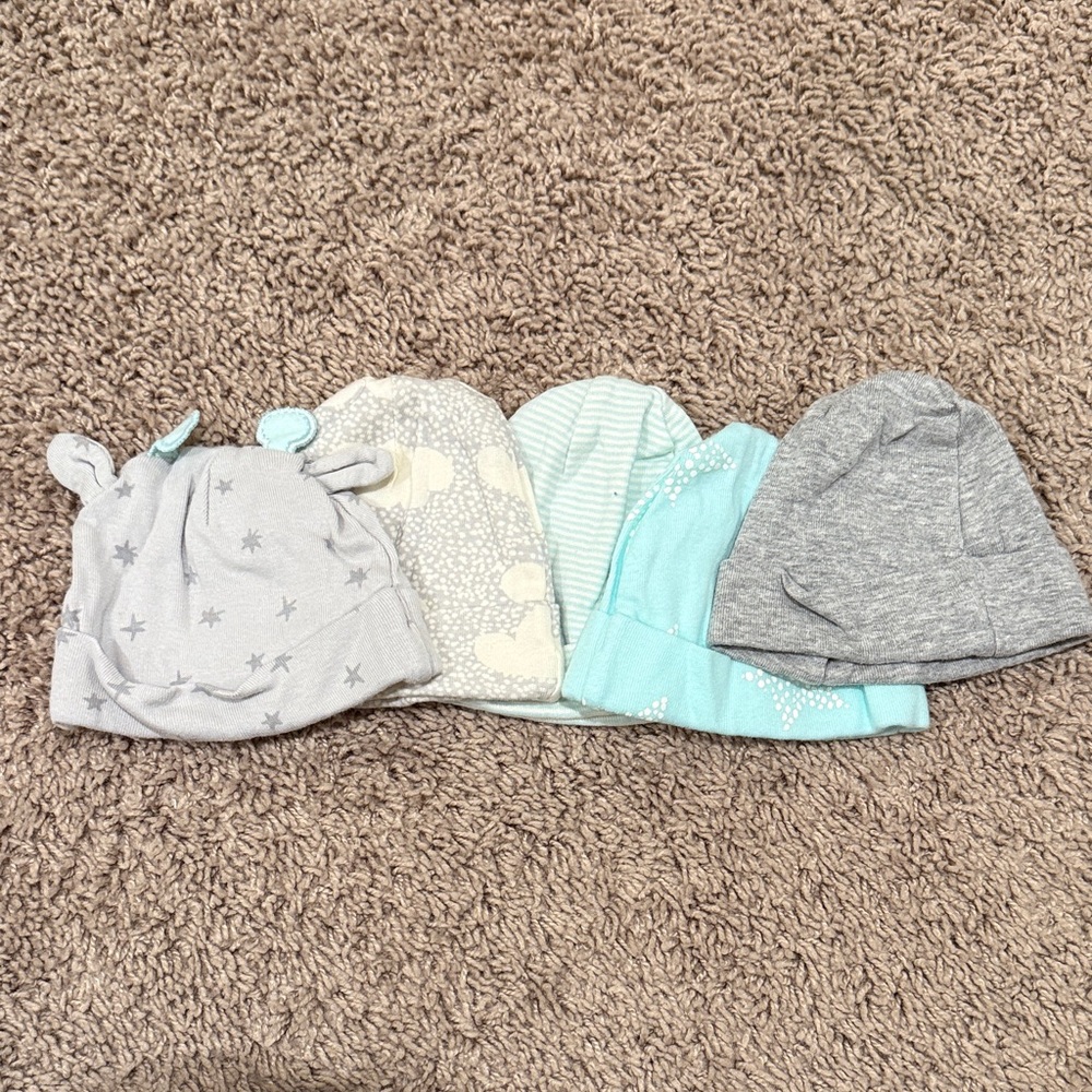 Gerber Baby Hats in Gray, Cream, and Light Blue